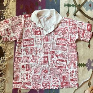 Vintage All over print Beach Fish Red Graphic collar cotton t shirt L